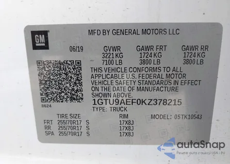 2019 GMC Sierra 1500 z USA, uszkodzony, nr VIN 1GTU9AEF0KZ378215